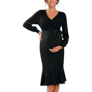 V FOR CITY Small Black Maternity Sweater Dress Baby Shower Party Wrap Puff Slve